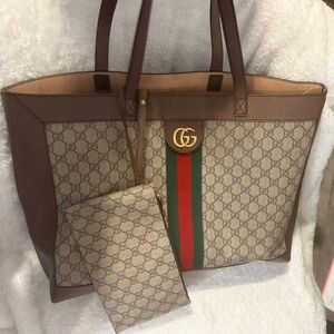 Gucci Ophidia Beige and Brown GG Tote with Red and Green Stripe